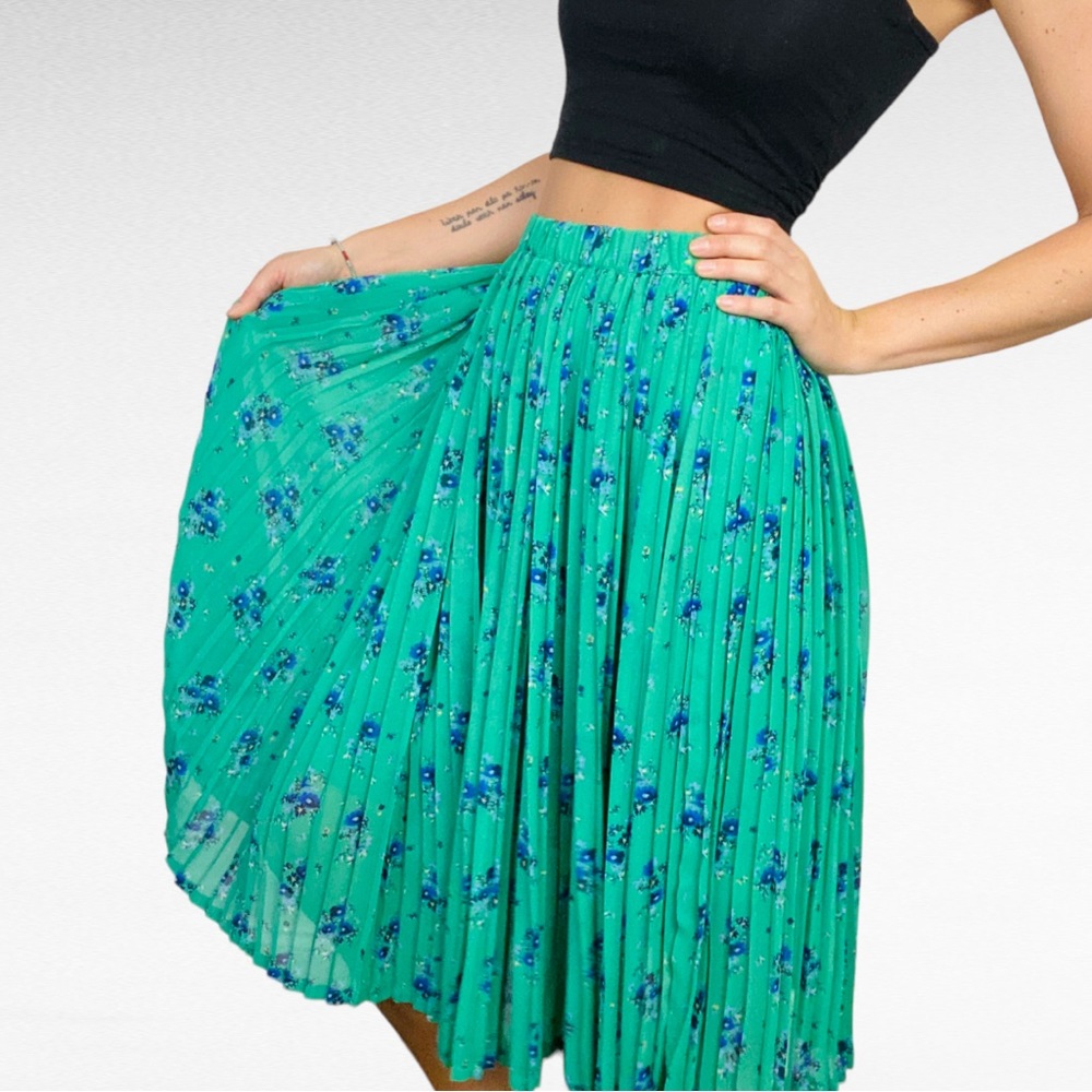NEXT | Coastal Green Blue Floral Print Pleated High Waist A-Line Midi Skirt
